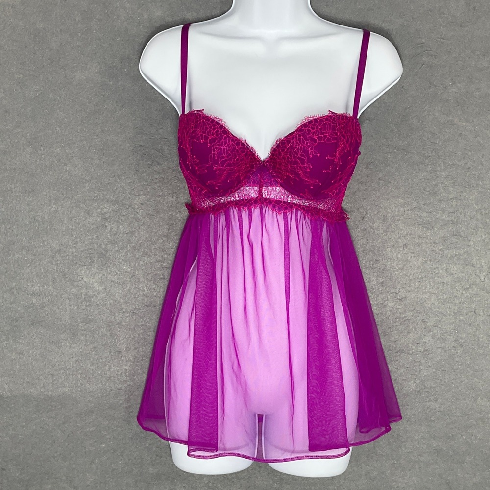 Victoria's Secret Babydoll Lingerie Lace Trim‎ Open Back Sexy Purple Sz 34C